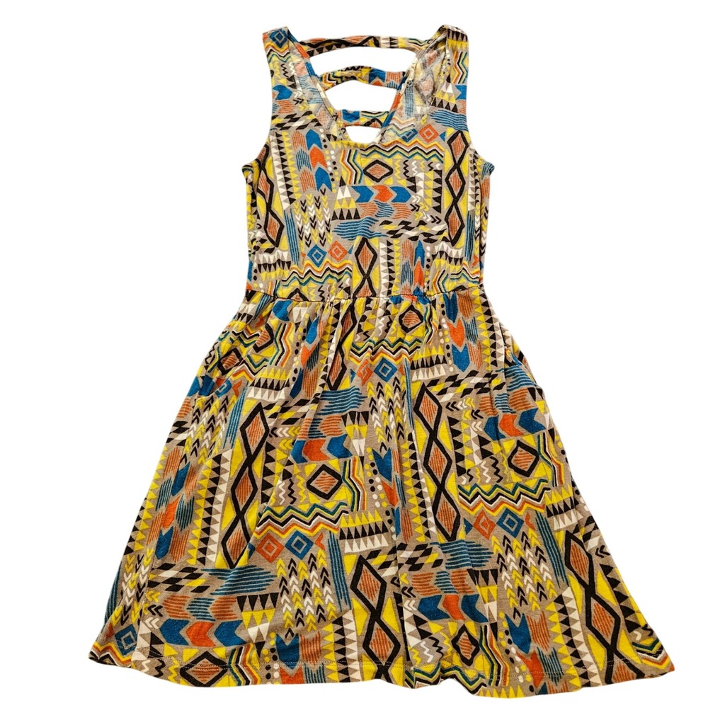 Kaxi Tribal Geometric Print Mini Dress Strappy Back Pockets Small Skater Boho
